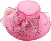 [Ｗoowayo] Women Wide Brim Sun Hats Beach Hat Floral Design Sun Protection Adjustable Organza Thin Elegant Sun Cap Fashion Accessories Rose Red