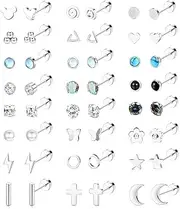 [Diamday] 24 Pairs Stainless Steel Stud Earrings for Women Men 20G Tiny Cartilage Stud Earrings CZ Star Moon Flower Snake Opal Hypoallergenic Flat Back Earrings Set for Cartilage Ears