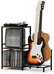 YAKANJ Side Table with Guitar Stand, Record Player Stand, Vinyl Record Storage, Acoustic Guitar Stand, Electric Guitar, Bass, Side Table for Music Room, Studio,