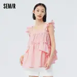 SEMIR 女式襯衫短款細布邊 2023 新款夏季格子吊帶娃娃襯衫