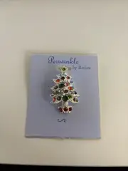 Christmas Tree Brooch Pin, Silver Color w/ Round Multicolor Crystal