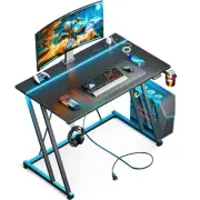 32 Inch Small Gaming Desk with LED Lights & Power Outlet, Computer Desk for S...