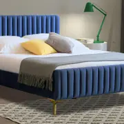 Istyle Modern Classic Alissa Double Velvet Bed Frame Blue with Gold Legs