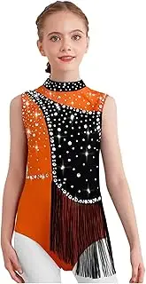 [Hedmy] Kids Girls Sparkly Rhinestone Gymnastics Leotard Fringe Tassel Figure Skating Sleeveless Dance Bodysuit