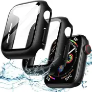 2 Pack Waterproof Case with Screen Protector for Apple Watch SE (2022/2020) / Series 6 5 4 40mm, 41mm, 44mm, 45mm Built-in Tempered Glass Film Hard PC Bumper Full Protective Cover