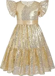 [OBEEII] Girls Sequin Dress Ruffle Sleeve Sparkly A-line Party Dress with Belt Princess Pageant Prom Birthday Formal Dress