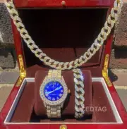 HIP HOP ICED GOLD PT BLUE SOLITAIRE DIAL LAB DIAMOND WATCH, NECKLACE, BRACELET
