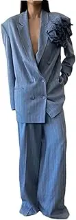 [Generic] Women's Vertical Striped Blue Printed Women's Two-Piece Casual Loose Long Sleeved Double Breasted Suit Straight Leg Pants Set