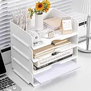 Desk Organizer and Storage,4-Tier Paper Letter Tray Organizer,Stackable White with 4 File Folder for Documents,Paper,Book Magazine Storage,Office Supplies (4, White)