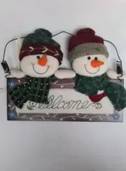 Avon Plush Stitched Snowman Duo Welcome Sign Holiday Decor Christmas New In Box
