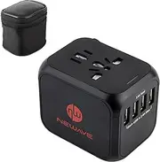 4 Port USB-A 3.4A All in One Smart Universal International Worldwide AU/EU/UK/US Plug Fast Quick Rapid Charge Travel Adapter Charger Medium Black with Zippered Canvas Bag