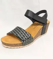Eric Michael Gypsy BLACK mid heel wedge sandal with adjustable straps SIZE 6