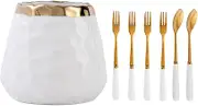Ipetboom 1 Set Stainless Steel Fruit Forks and Storage Jar Set Forks Spoons Kitchen Tableware for Salads Desserts and Fruits Ergonomic Design Easy to Clean for Home and Dining