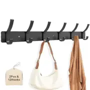 2 Pack Coat Rack Wall Mount, All Metal Wall Hooks for 6 Double Hooks-2 Pack