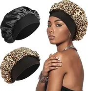 SWEET VIEW Silk Bonnet, Silk Hair Wrap for Sleeping, Soft and Comfortable Silk Sleep Cap, Black, Leopard Print, Black, Green