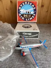 Schylling DC 3 Friction Power Tin Airplane Overseas Air Line Spin Propellers Box