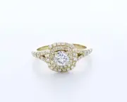1.0CT Natural Diamond F/SI1 Round Cut 14K Gold Four-Prong Halo Ring with Accents