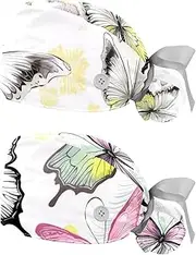 [YTYVAGT] 2-Pc,Nurse Scrub Caps,Scrub Hats with Buttons and Cotton Sweatband,Abstract Flower and Butterfly