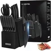 LIN ZHI REN Knife Set with Block, 15-Piece Kitchen Knife Set, Built-in Sharpener, Kitchen Knife for Chopping, Slicing, Dicing, Dishwasher Safe, Black