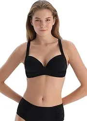 [Dagi] Women's Black Knitted Underwire Full Cup Half-Padded Fixed Strap Bikini Top, Black