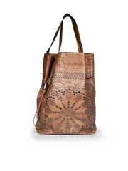 Brown Leather Studded Drawstring Tote