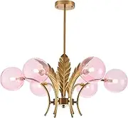 BOKT Modern Sputnik Chandeliers 6-Lights Island Pendant Lighting Fixture Mid Century Ball Chandelier with Pink Globe Lampshade Gold Sphere Ceiling Light for Dining Room Living Room Girls Room