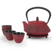 TEAPOT SET with Trivet 4 Tea Cups Infuser Japanese Cast Iron Red 26oz KENDAL