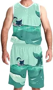 [KQNZT] Basketball Jersey for Men, Jersey Shorts Outfit Set, Men's Basketball Jersey, Cartoon Sea Animal Whale Ship Lighthouse