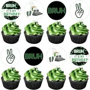 JOYMEMO Bruh It's My Birthday Cupcake Toppers Green Black - Double Sided Bruh Happy Birthday Cake Decorations, Happy Birthday Bro, Teen Boy Birthday Party Decorations