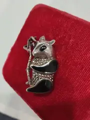 Vintage Looking Sterling Onyx Marcasite 3-D Panda Bear On Palm Tree Brooch