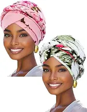 [Woeoe] 2PCS African Turban Head Wrap Pink Printed Turban Flower Head Cover Cap Headwear for Women, Green