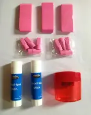 Pencil Eraser Accessory Set Includes Sharpener & 2 Glue Sticks