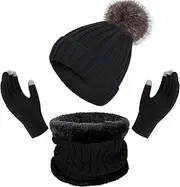 [Enwokran] Winter Hat Scarf Touchscreen Gloves Set, Unisex Elastic Thermal Thickened Beanie Hat Warm Brushed Lining Neck Warmer Touchscreen Gloves Pack of 3 for Cold Weather