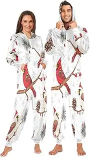 [ZZXXB] Cardinal Birds Pine Cone Onesie Pajamas for Adult Women Men Long Sleeves One Piece Onesies Hooded Sleepwear S - XL