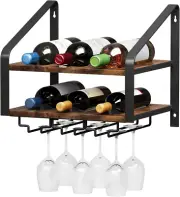 Wall Mounted Wine Rack for 6 Wine Bottles and 6 Glass Holder, 2-Tier Wall Wine R