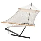 Double Outdoor Hammock with Stand Included, Portable Cotton Rope 2 Beige