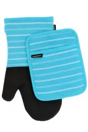 Cuisinart Kitchen Oven Mitt/Glove & Potholder Set, Twill Stripe- Blue Curacao