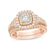 1 CT. T.W. Princess Cut Diamond Vintage Style Double Frame Engagement Bridal Set in 14K Rose Gold