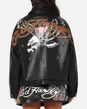 [ED HARDY] Ed Hardy Women's Vegan Leather Bomber Jacket Black - Size L L Black