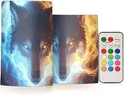 XYMZR Blue Fire Three Wolves Flameless Candles with Remote Set of 2 - No Batteries Included, 3” Diameter Battery Candles Flickering with Timer, LED Pillar Votive Candles for Outdoor Indoor