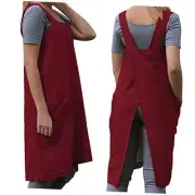 Women's Practical Cross Back Pinafore Apron with Large Pockets Medium Wine Red
