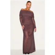 Plus Dark Chocolate Mesh Overlay Long Sleeve Bardot Maxi Dress, Dark Chocolate