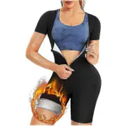 Sauna Suit For Women, Sweat Vest Waist Trainer, 3 in 1 Slimming Full Body Shaper Workout Top with Sleeve Shorts silver/black S