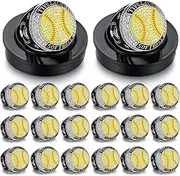 Highergo 20 Pcs Basketball Softball Championship Rings with Display Neck Chain and Stand Baseball Volleyball Soccer Trophy Rings Bulk for Tournament Award Gift