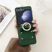 PU Leather Ring Holder Phone Case for Samsung Galaxy Z Flip5 Flip6 Flip 6 5 4 3 5G Folding Hinge Protection Cover,Green,for Galaxy Z Flip5
