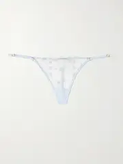 [Kiki de Montparnasse] Kiki de Montparnasse - Mathilde Silk-blend Satin-trimmed Embroidered Tulle Thong - Ivory - medium medium Ivory