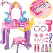 Vanity Makeup Table Toy for Kids, Toddler Girl Pretend Play Makeup Accessories- Princess Dress Up Set, Music Piano & Lights, Adjustable Mirror, Hairdryer, Ocean Table & Chair Kit, Birthday Gift