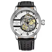 Stuhrling 3971 5 Automatic Skeleton Black Leather Strap Mens Watch