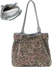 [Wedhapy] Sequin Bag 13.39x11.02x5.91in Portable Large Capacity Glitter Stylish Tote Bag with Zipper Closure for Women Lady