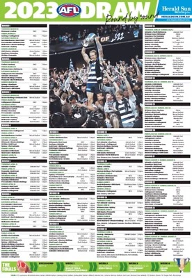 2023 AFL football teams draw match fixture poster,GEELONG CATS, pies, blues book